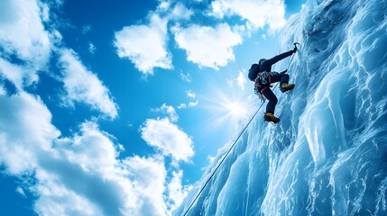 Ice climbing, climbing on an ice wall, blue sky with white clouds