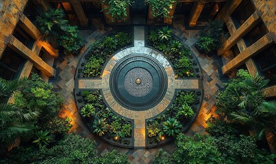 Luxurious Courtyard Garden with Central Fountain and Lush Greenery