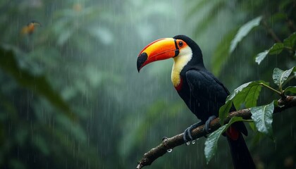 Obraz premium Toucan perched on branch in rainforest with lush green foliage and a blurred background