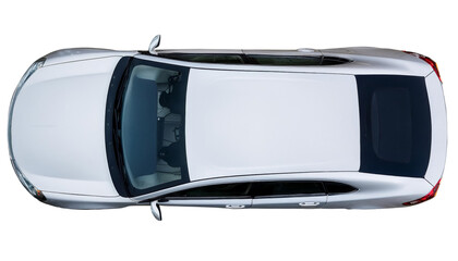 Top view of a sleek white sedan car on a plain background, showcasing the modern design and elegant lines of the vehicle.