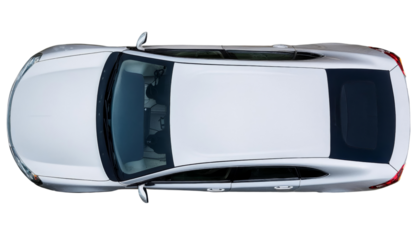 Top view of a sleek white sedan car on a plain background, showcasing the modern design and elegant lines of the vehicle.