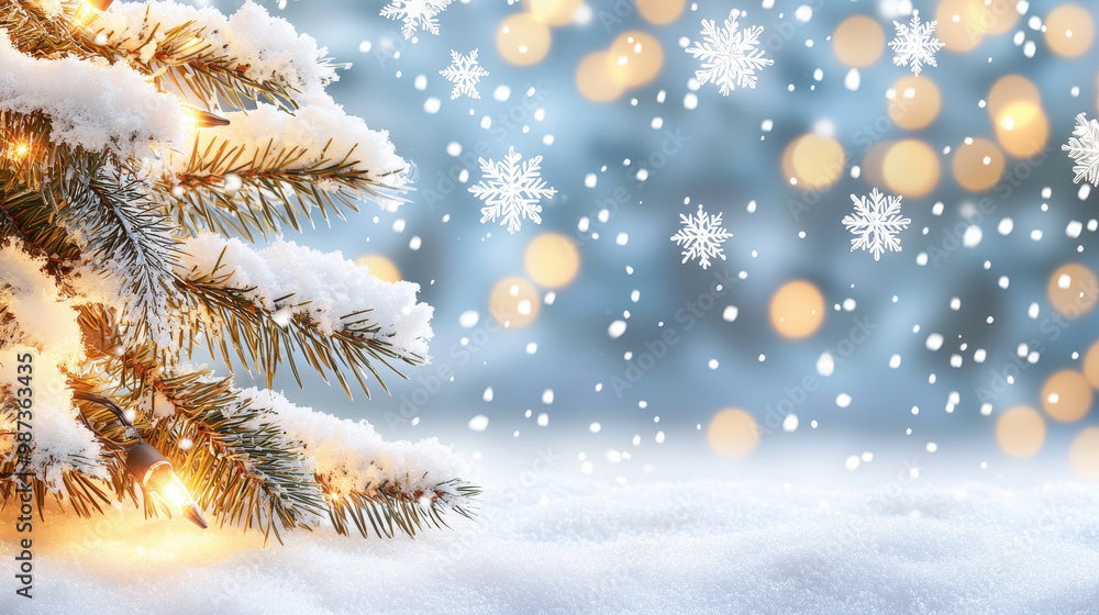 Poster snow-covered pine tree branches adorned with warm lights and falling snowflakes, creating a serene w