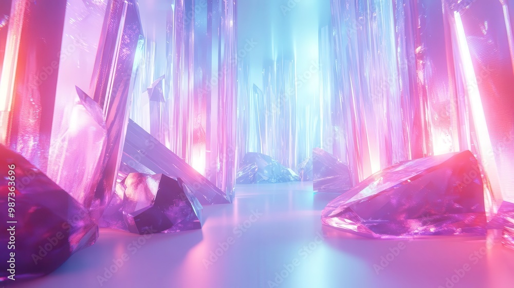 Poster futuristic liquid crystal cave with glowing neon structures on white background abstract 3d render
