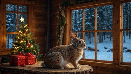 Curious rabbit holding a gift by a Christmas tree in a cozy cabin.