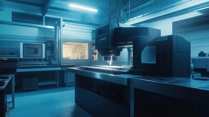 futuristic metalworking facility with a sleek cnc milling machine in operation bathed in cool blue light showcasing precision engineering and advanced manufacturing