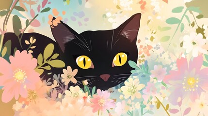 Curious Black Cat Peeking Through Blooming Flowers in Whimsical Digital