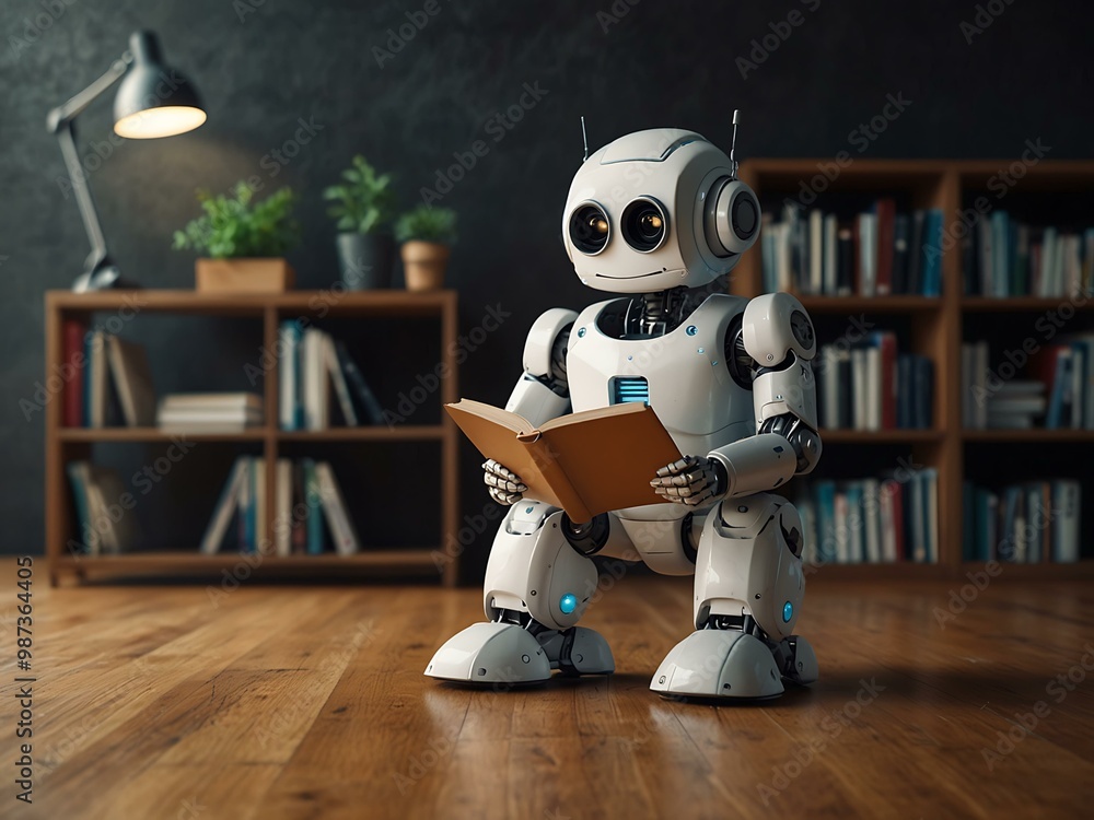 Aufkleber cute robot sitting on the floor reading in front of a blank bookshelf.