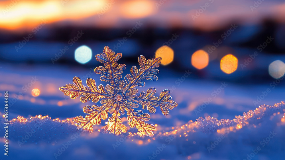 Poster close-up of a crystal-clear snowflake resting on soft snow with a blurred sunset background showcasi
