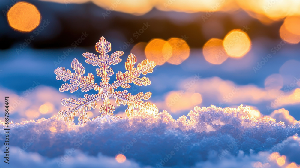 Aufkleber close-up of a delicate snowflake resting on glistening snow, illuminated by warm bokeh lights in a w