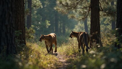 Two cougars walking on a forest path in the morning sunlight