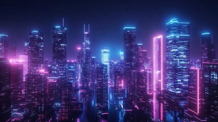 Fototapeta premium futuristic neon metropolis at night glowing skyscrapers and city lights 3d illustration