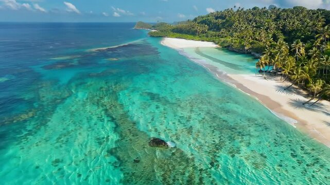 Drone pullback of Vava'u Island with turquoise waters, palm trees and white sandy beach in Tonga