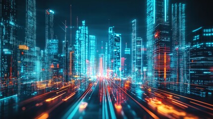 A futuristic cityscape with glowing lights and digital data streams representing technological advancements.