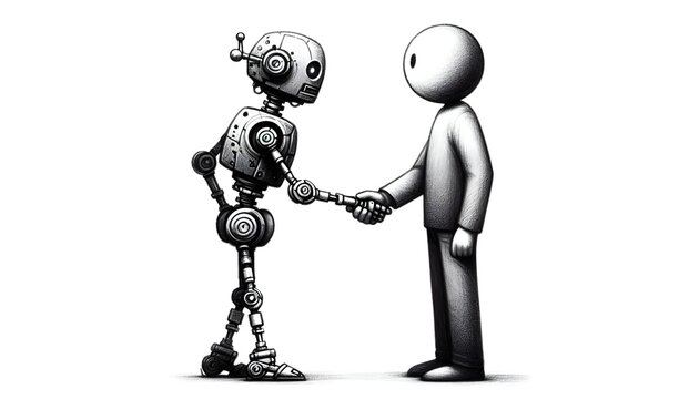 robot and human shaking hands, black and white clip art preview