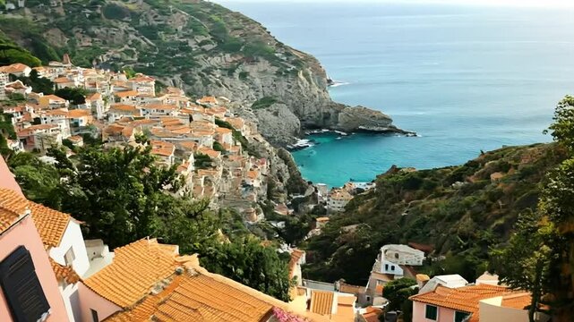 Cityscape of Buggerru city with houses on mountain at the Mediterranean in South Sardinia in Italy