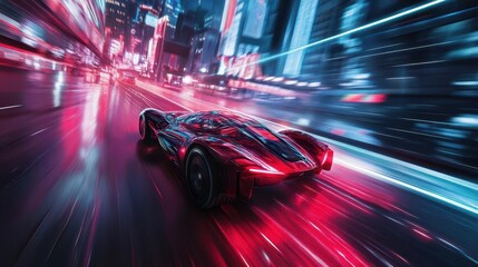 Obraz premium futuristic racing hovercar streaking through a neonlit cityscape leaving trails of light and energy in its wake