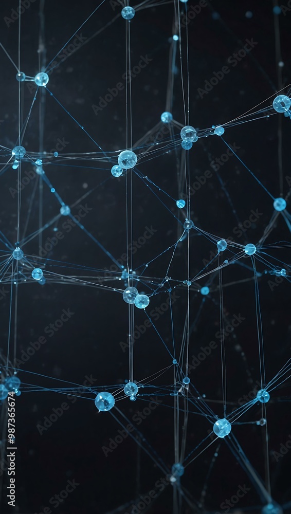 Poster data visualization with interconnected nodes in cool blue tones.
