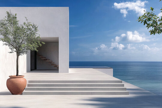Modern coastal architecture features white minimalist design with a staircase and ocean view under blue skies