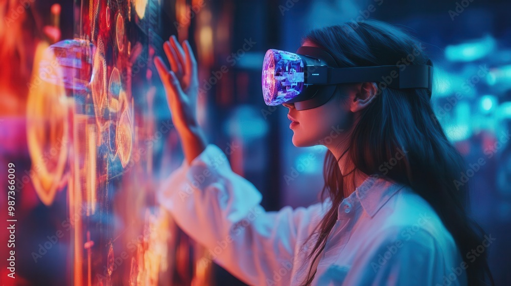 Poster futuristic scene of a woman immersed in a vibrant virtual reality environment interacting with holog