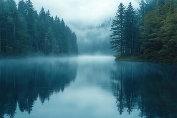 Misty Blue Lake Surrounded by Forested Mountains and Fog