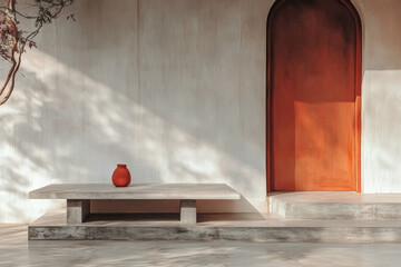 A minimalist outdoor setting featuring a clay pot beside a concrete bench and an arched doorway under softened sunlight