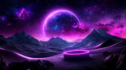 Naklejka premium A ceremonial podium on a planet in a far-off galaxy, with vibrant stars filling the sky