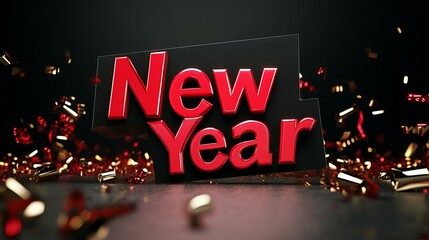 Bold red "New Year" text on a black background with golden and red confetti scattered around, creating a festive atmosphere