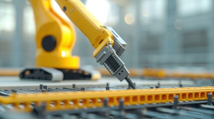 Futuristic construction robot revolutionizes building industry. AR-guided machine precisely assembles complex structures on urban site. Cutting-edge technology merges physical and digital blueprints.