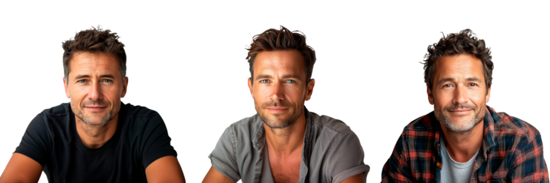 A set of European male furniture assembler isolated on white or transparent background. Close-up of furniture assembler in t-shirt.