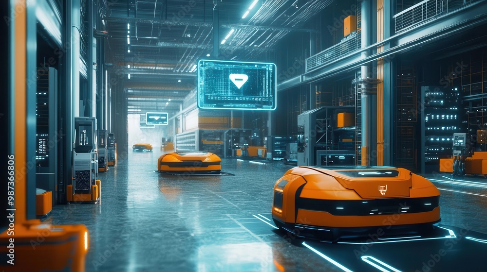 Poster futuristic smart warehouse with autonomous transporter robots and holographic dashboards aigenerated