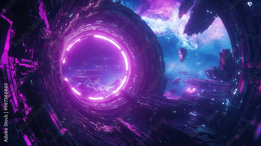 Poster futuristic space station orbiting cosmic landscape neonlit portals abstract geometric structures and