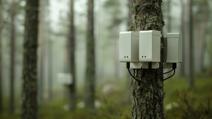 High-tech environmental monitoring system in forest. Advanced sensors and antennas camouflaged in nature. Collecting real-time data on wildlife activity and ecosystem health for conservation purposes.