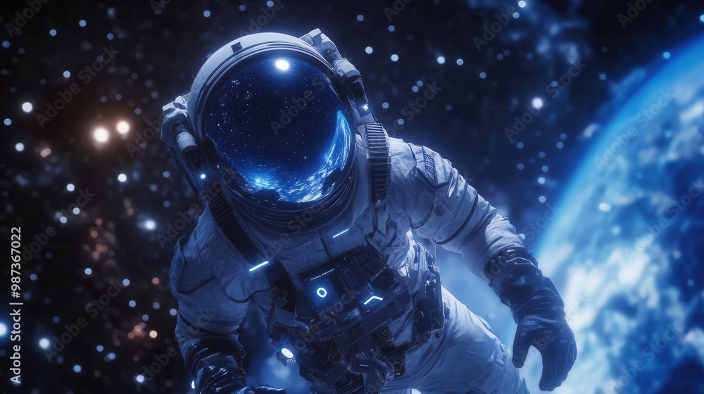 Poster futuristic spacesuit floating in zero gravity reflective visor shows earths curvature intricate deta