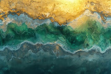 Aerial view of colorful coastal seashore with blue and golden hues