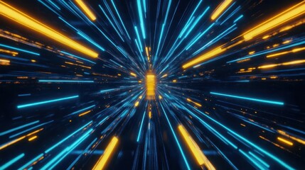 Naklejka premium futuristic speed tunnel sleek blue and yellow neon lines streak past creating illusion of hyperspeed travel glowing bokeh effects enhance scifi ambiance