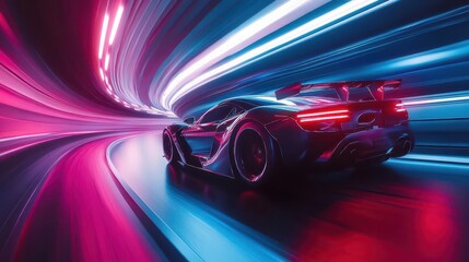 futuristic sports car with sleek aerodynamic design speeding through neonlit tunnel long exposure light trails emphasize sense of velocity and energy