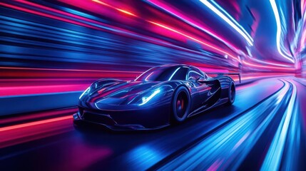 Fototapeta premium futuristic sports car with sleek aerodynamic design speeding through neonlit tunnel long exposure light trails emphasize sense of velocity and energy