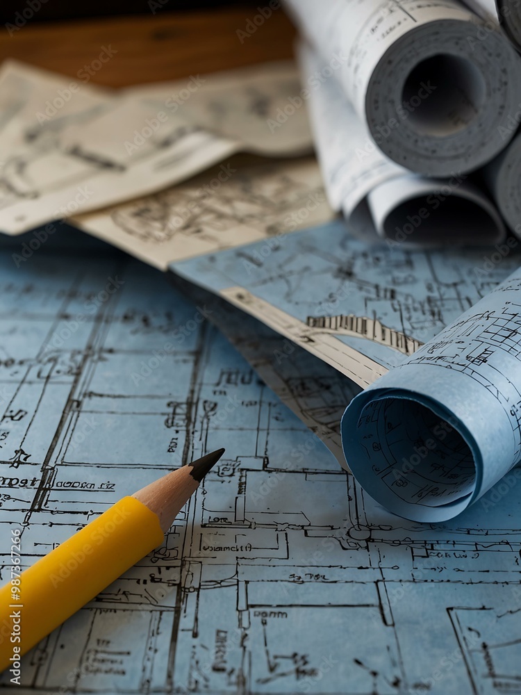 Poster detailed view of blueprints with rolled-up papers.