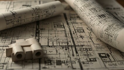 Detailed view of architectural drawings and rolled papers.