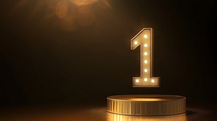 A golden number one with glowing lights on a gold podium, in front of a dark background.