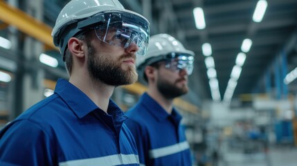 Obraz premium Engineers collaborating in a mixed-reality environment using AR to visualize mechanical design changes in a factory