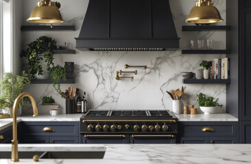 A kitchen with navy cabinets, a white marble backsplash, and a dark grey stove. The sink faucet and light fixtures above it are brass.