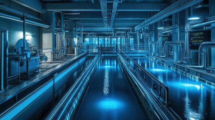 futuristic water treatment facility with bioluminescent algae tanks sleek chrome pipelines and holographic control panels bathed in ethereal blue light