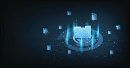 Document management and Data transfer through cloud technology. Exchange data with modern internet technology on a dark blue background. Files data system relocation concept.	