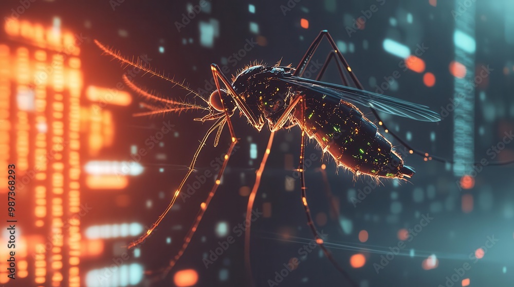 Aufkleber genetically modified mosquito glowing with bioluminescent markers hovering over a minimalist white b