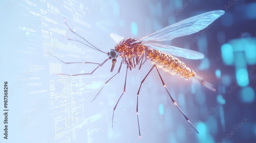 Aufkleber genetically modified mosquito glowing with bioluminescent markers hovering over a minimalist white b