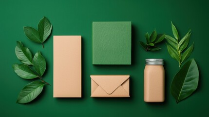 3D composition of plant-based packaging materials arranged with fresh green leaves