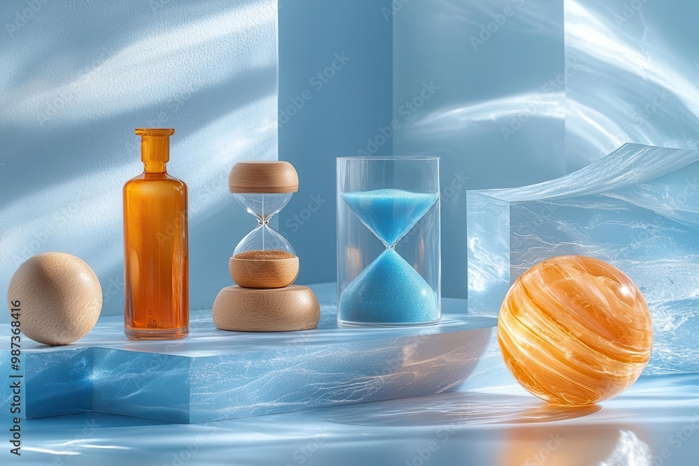 Poster modern still life with blue and orange objects in minimalistic setting