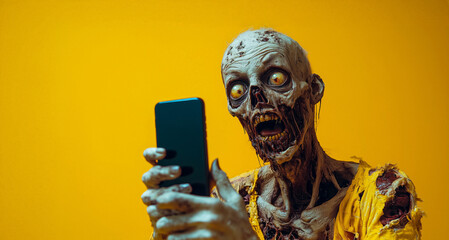 A zombie takes a selfie with their phone against a vibrant yellow background.