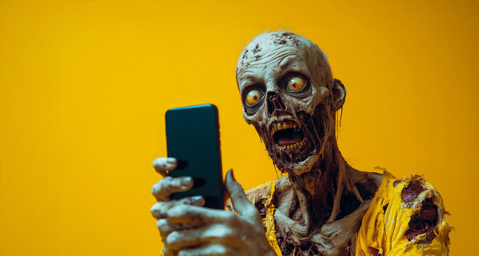 A zombie takes a selfie with their phone against a vibrant yellow background.